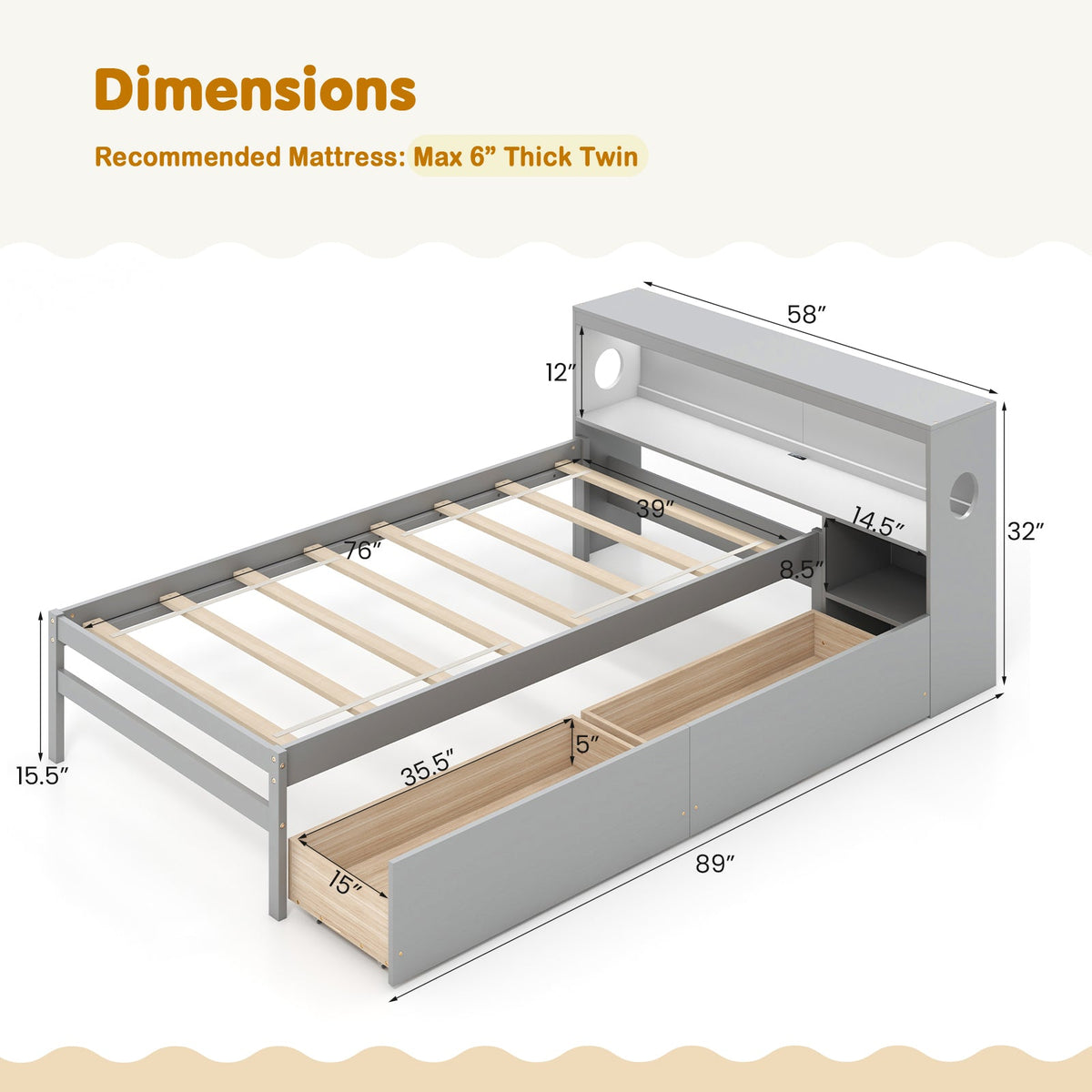 Twin Size Bed Frame with LED Light and Bookcase Headboard