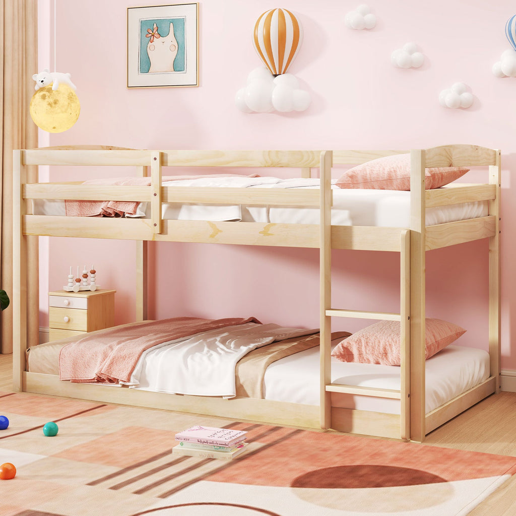 Twin Size Bunk Bed with High Guardrails and Integrated Ladder