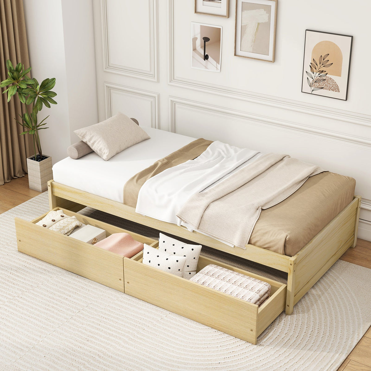 Twin Size Captain Bed with 2 Drawers and Slats Support