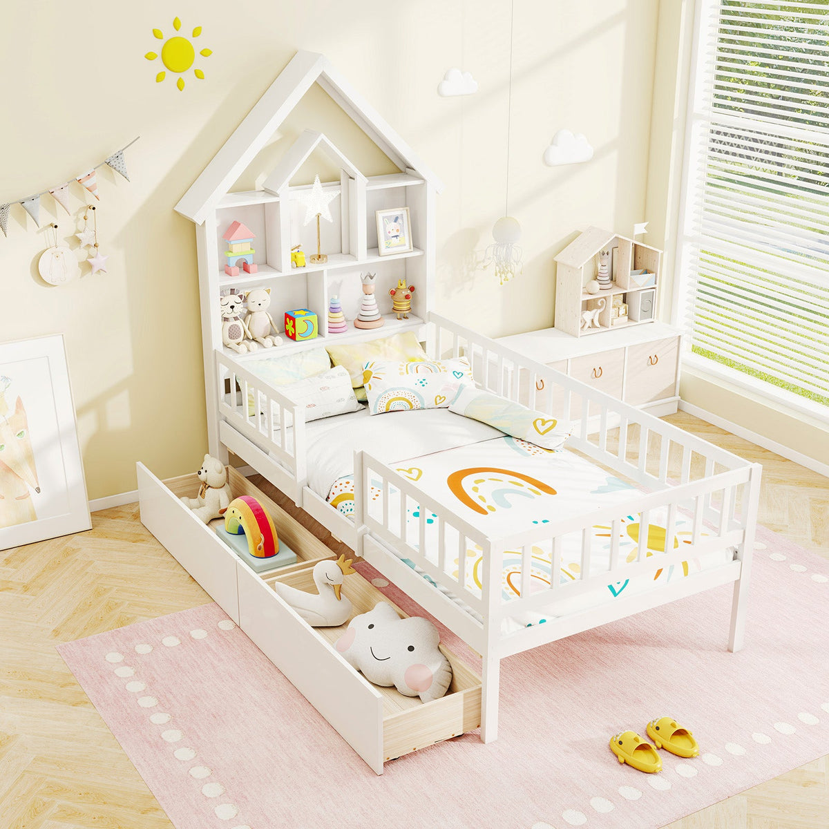 Twin Size House Bed Kids Montessori Bed with House-Shaped Storage Headboard-White
