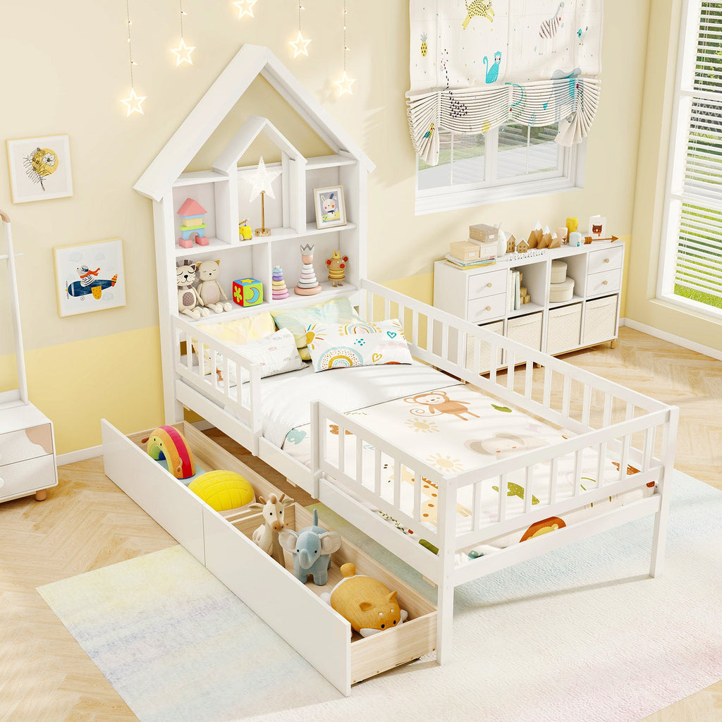 Twin Size House Bed Kids Montessori Bed with House-Shaped Storage Headboard-White