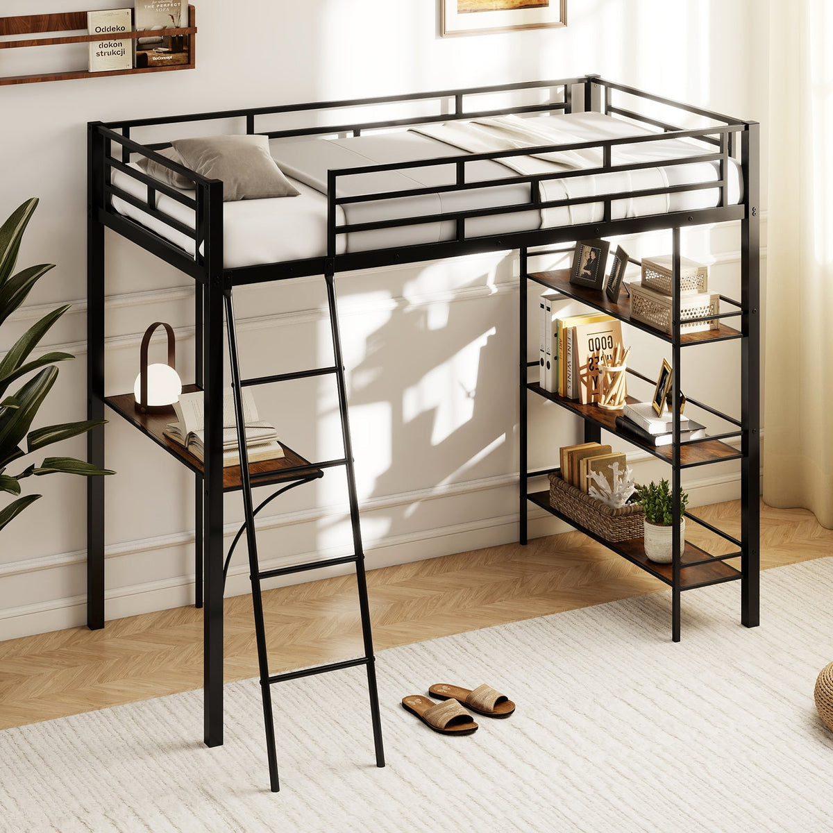 Twin Size Loft Bed with Desk and Shelves for Kids and Home-Black