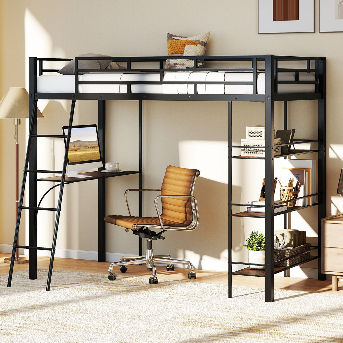Twin Size Loft Bed with Desk and Shelves for Kids and Home-Black