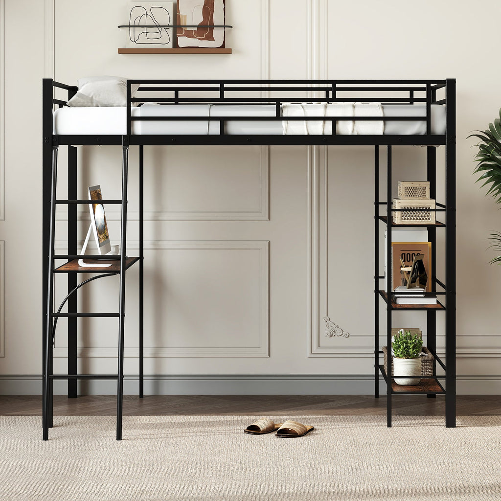 Twin Size Loft Bed with Desk and Shelves for Kids and Home-Black
