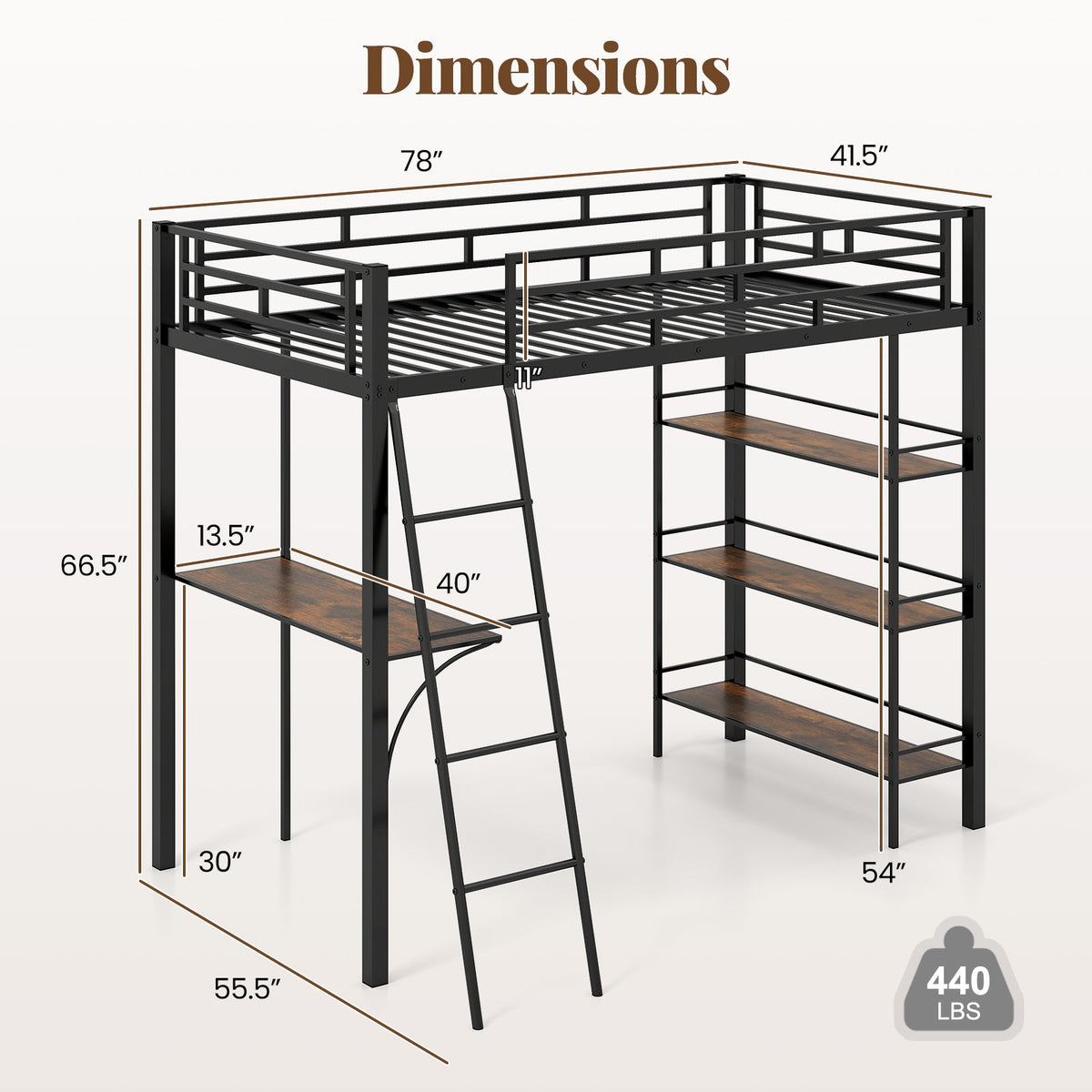 Twin Size Loft Bed with Desk and Shelves for Kids and Home-Black