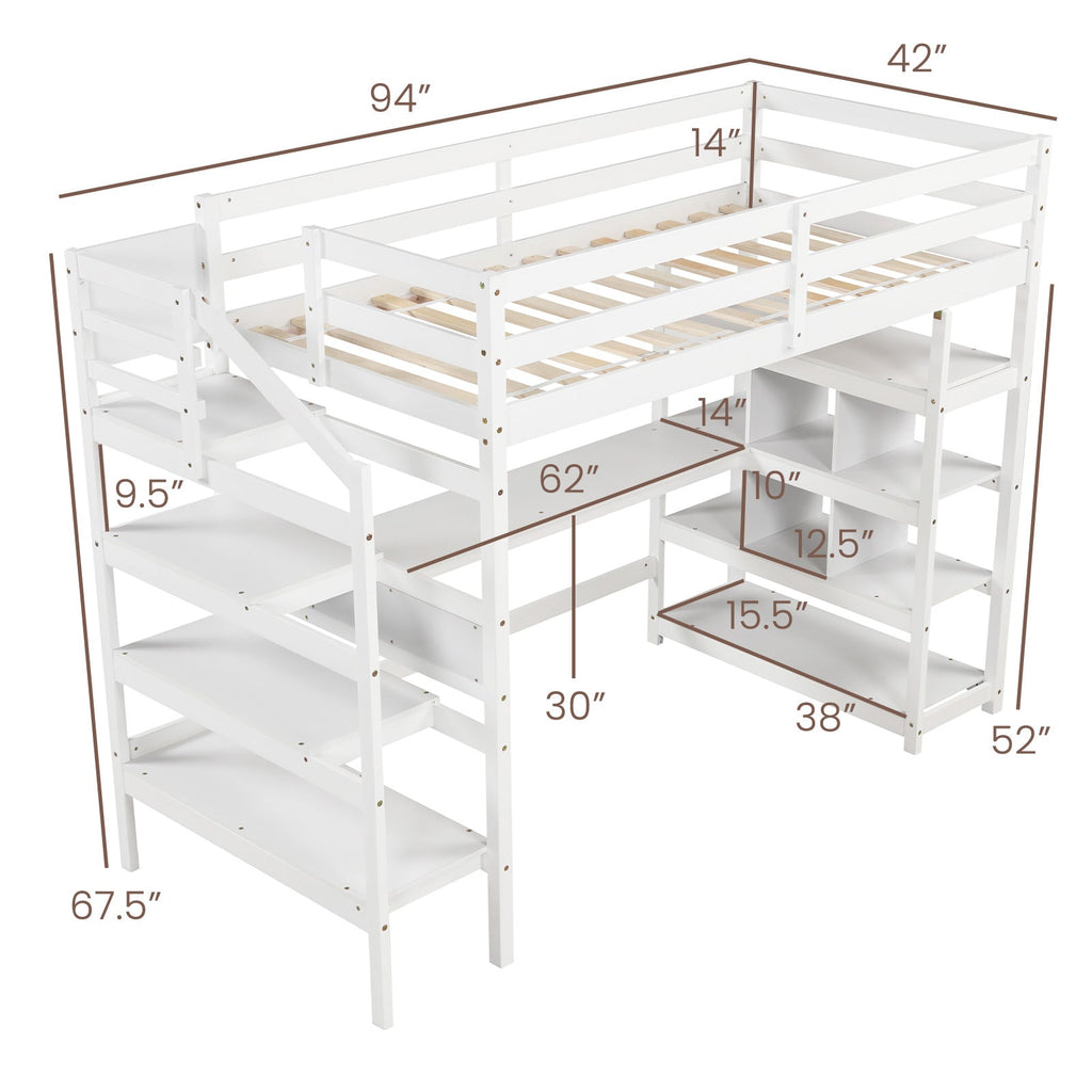 Twin Size Loft Bed with Desk and Storage Stairs Loft Bed Frame with Shelves and Safety Guardrails-White
