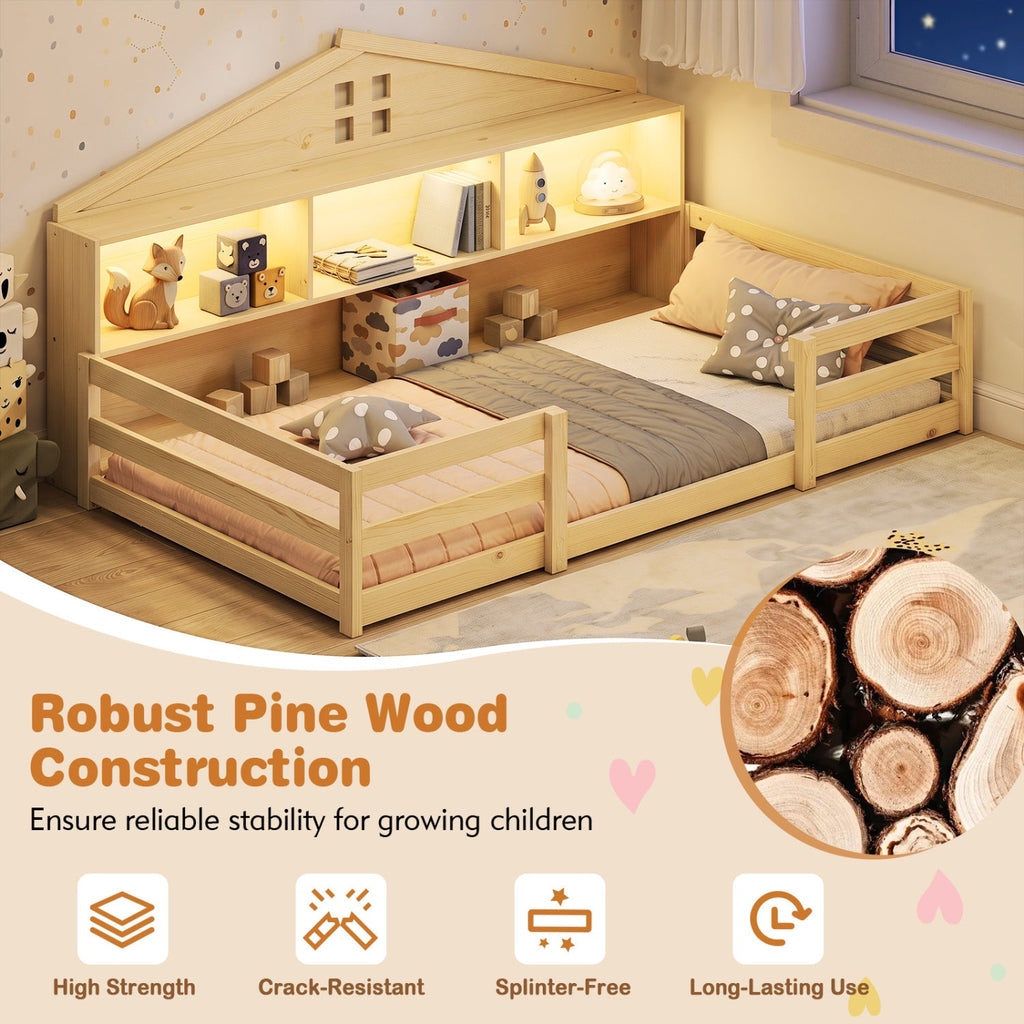 Twin Montessori Floor Bed with Storage and LED Lights