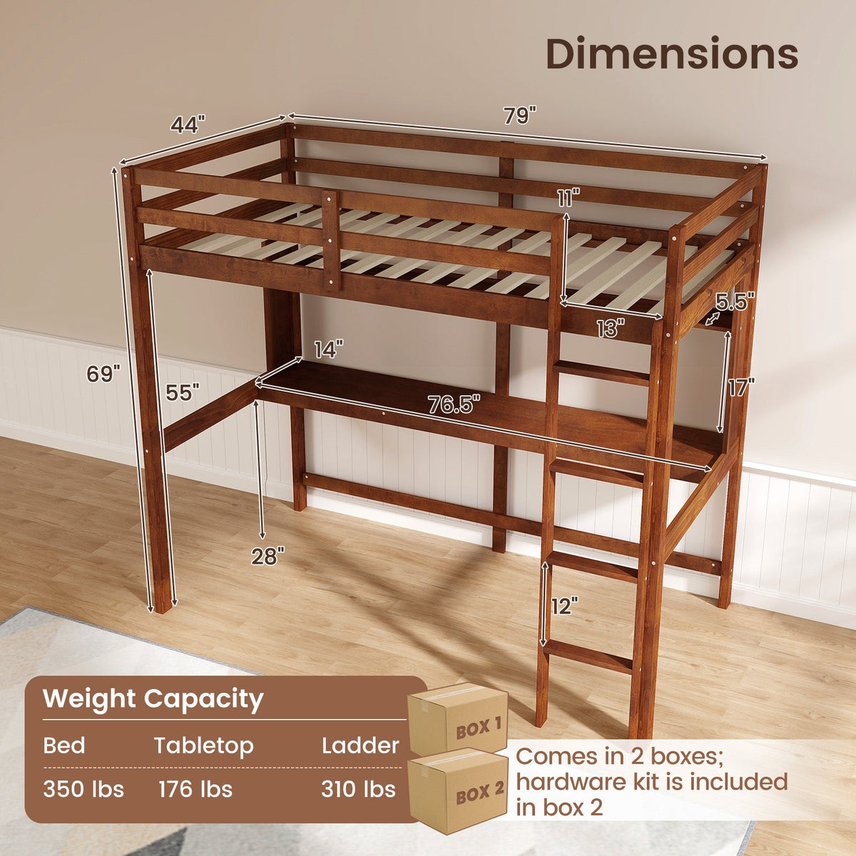 Twin Size Solid Wood Slatted Loft Bed Frame with Safety Guardrail for Kid