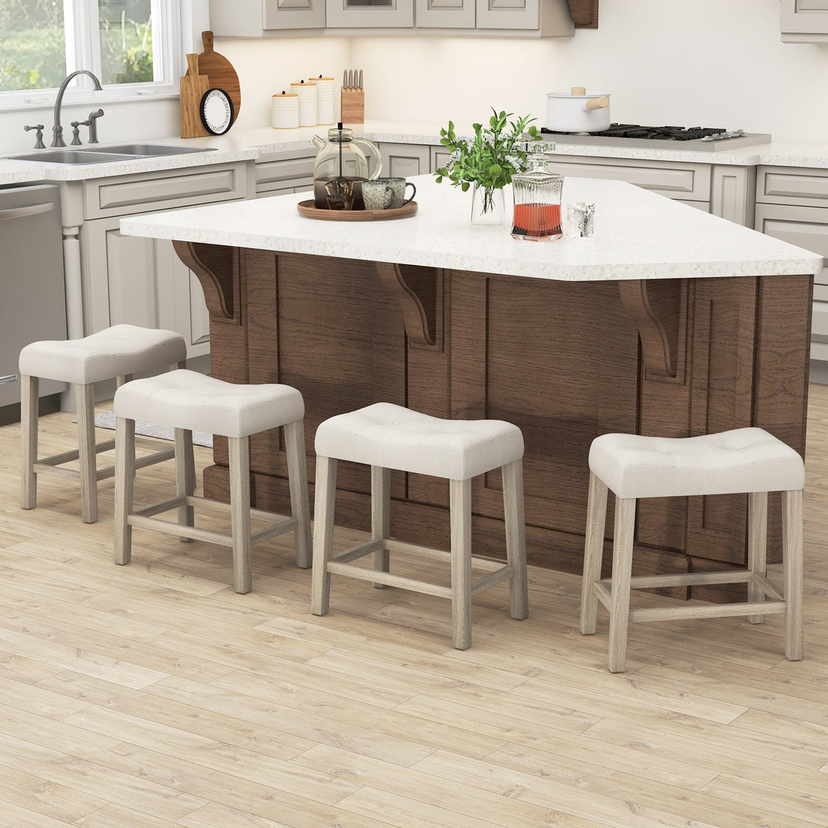 Set of 4 Upholstered Counter Height Bar Stool with Curved Saddle-Seat