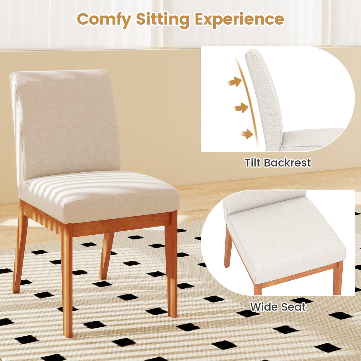 Upholstered Dining Chairs Set of 2 Kitchen Armless Side Chairs with Rubber Wood Legs-Beige