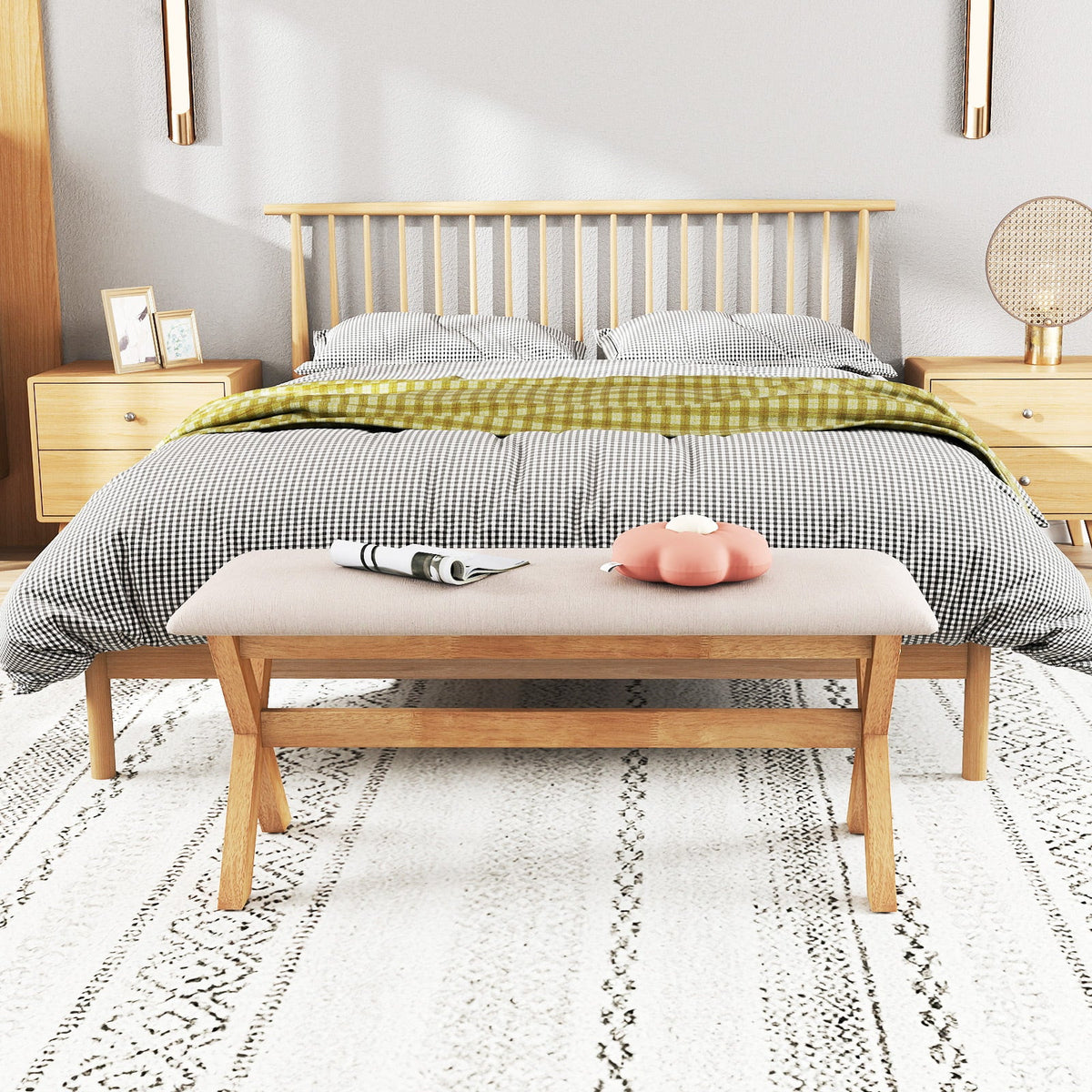 Upholstered Entryway Bench Rubber Wood Bench with Thick Padded Seat-Natural