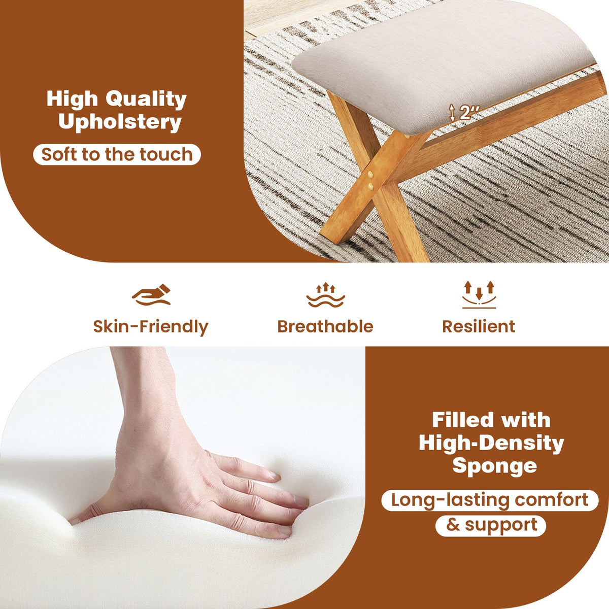 Upholstered Entryway Bench Rubber Wood Bench with Thick Padded Seat-Natural