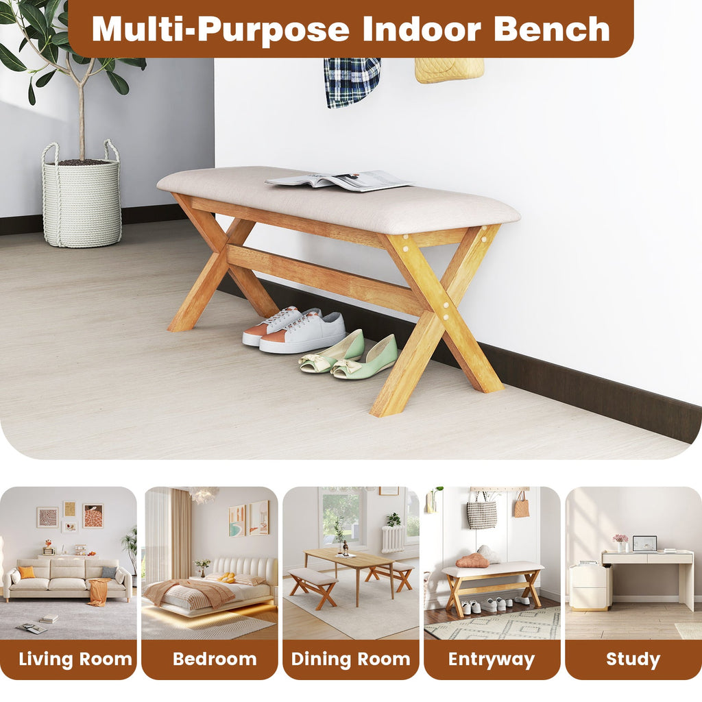 Upholstered Entryway Bench Rubber Wood Bench with Thick Padded Seat-Natural