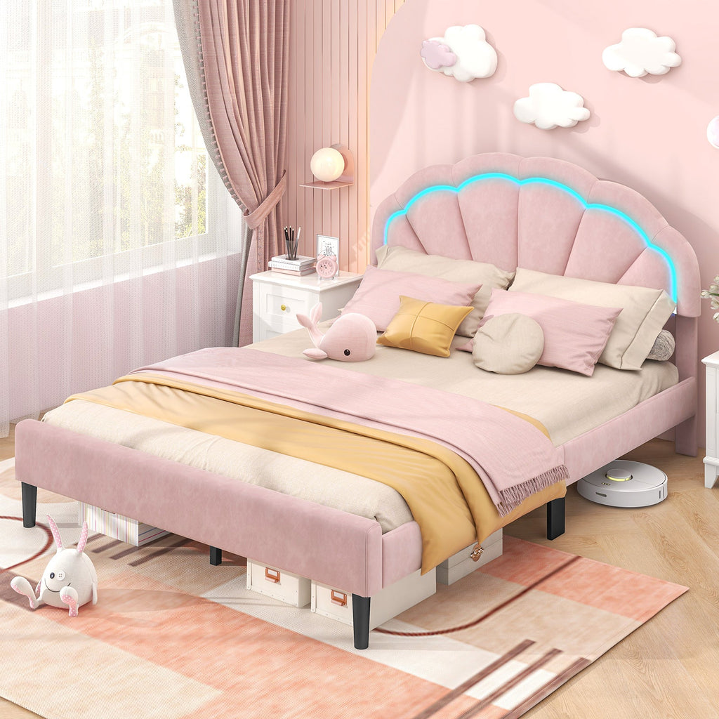 Upholstered LED Bed Frame with Adjustable Flower Headboard and Metal Support Feet Pink-Queen Size