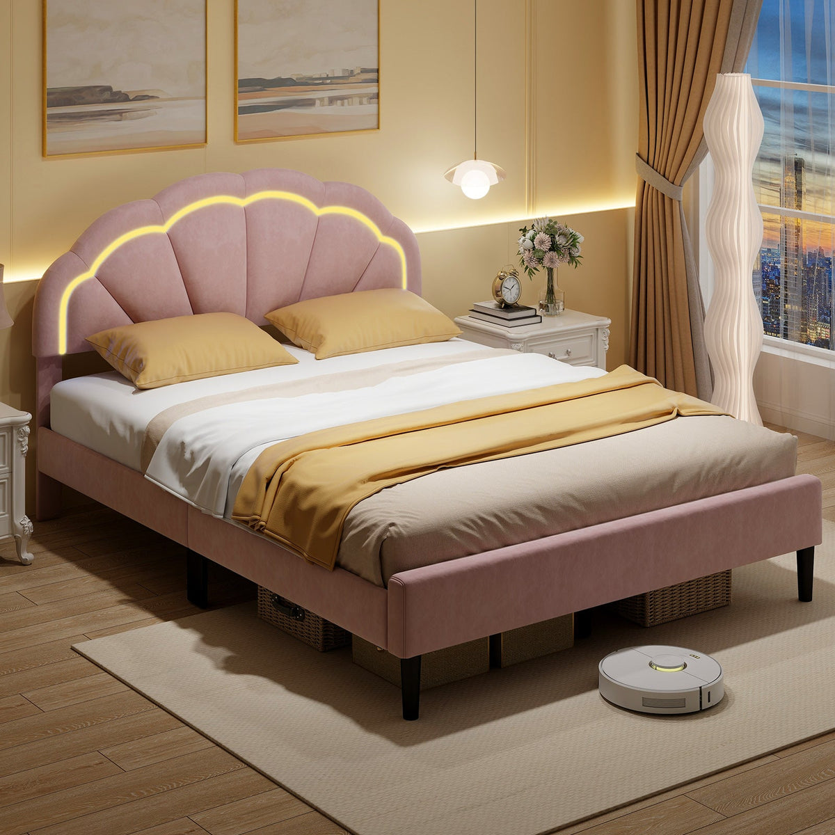 Upholstered LED Bed Frame with Adjustable Flower Headboard and Metal Support Feet Pink-Queen Size