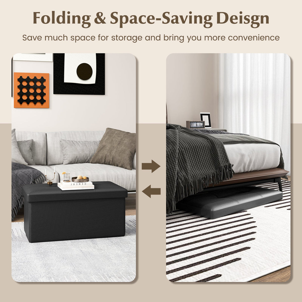 Upholstered Rectangle Footstool with PVC Leather Surface and Storage Function