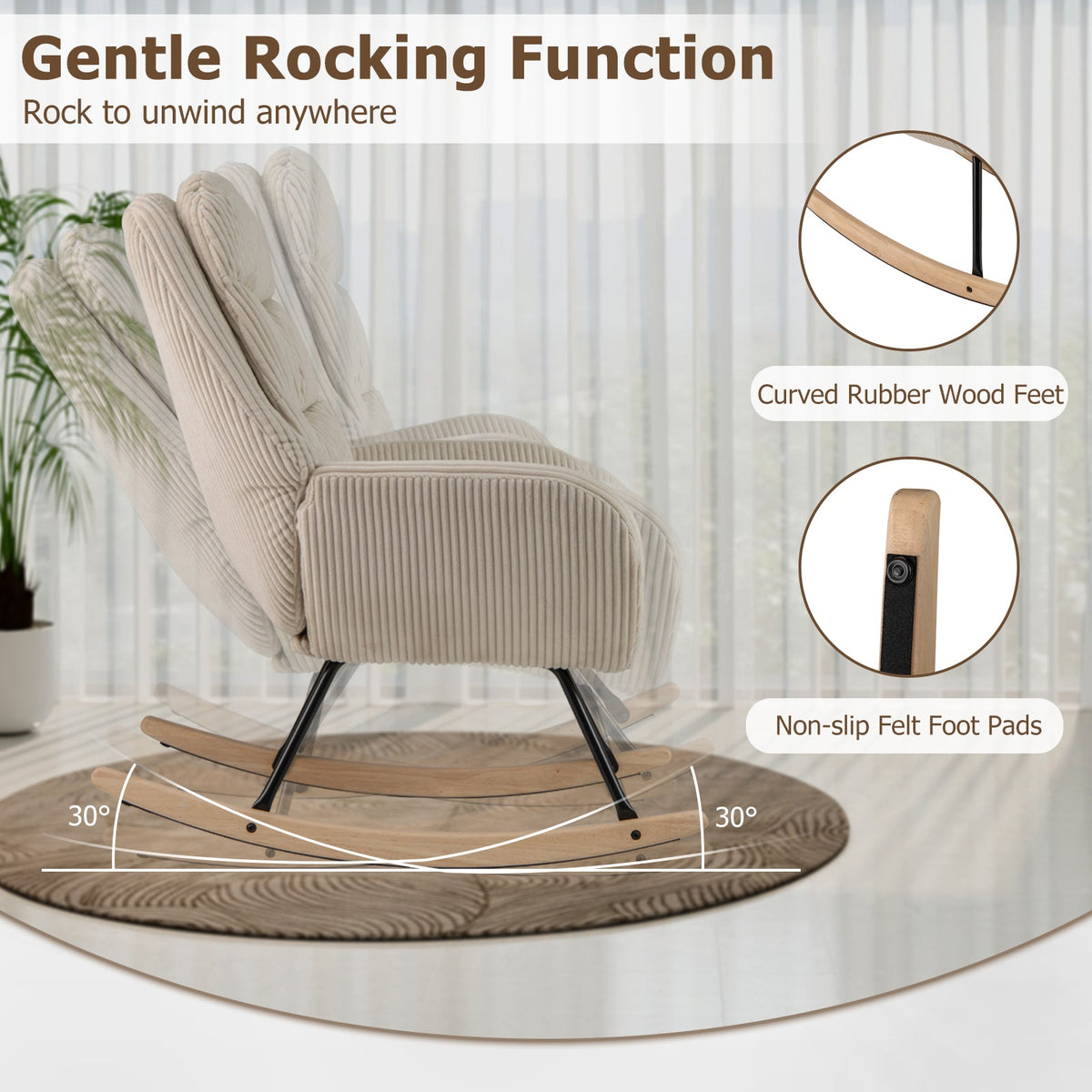 Upholstered Rocking Chair Nursery Glider Rocker with Padded Backrest and Seat-Beige