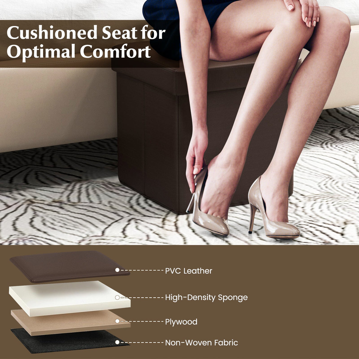 Upholstered Square Footstool with PVC Leather Surface for Bedroom