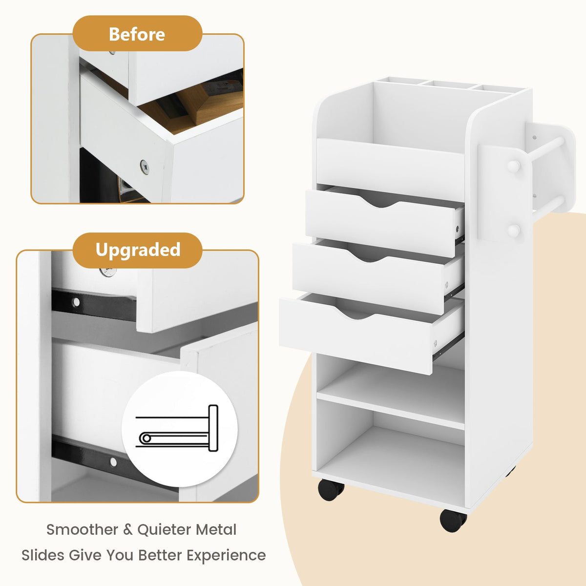 Utility Trolley with Open Shelves and 3 Drawers-White
