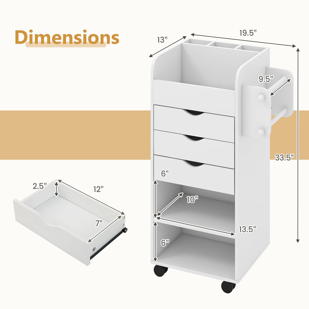 Utility Trolley with Open Shelves and 3 Drawers-White