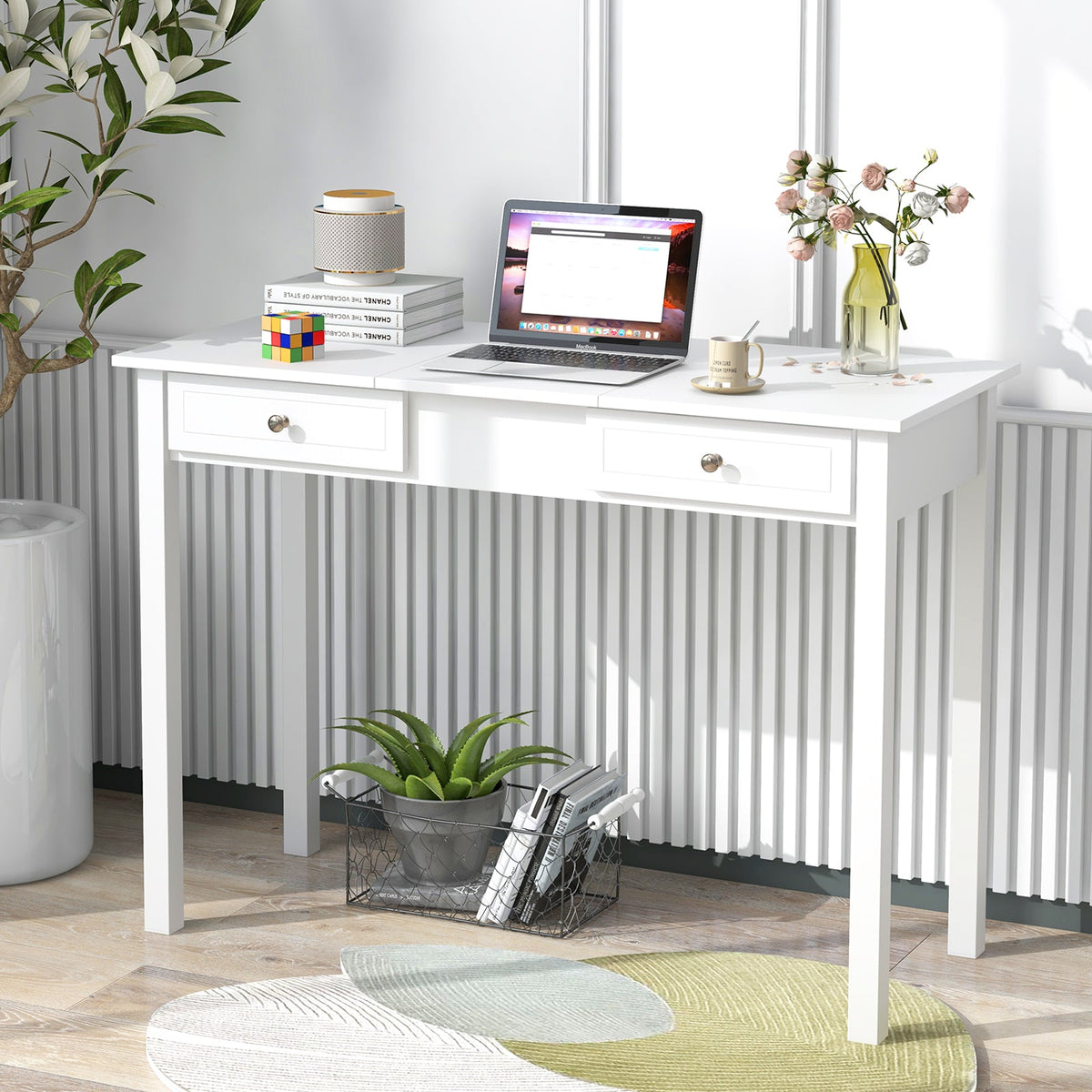 Vanity Desk Makeup Dressing Table with Flip Top Mirror and Drawers-White