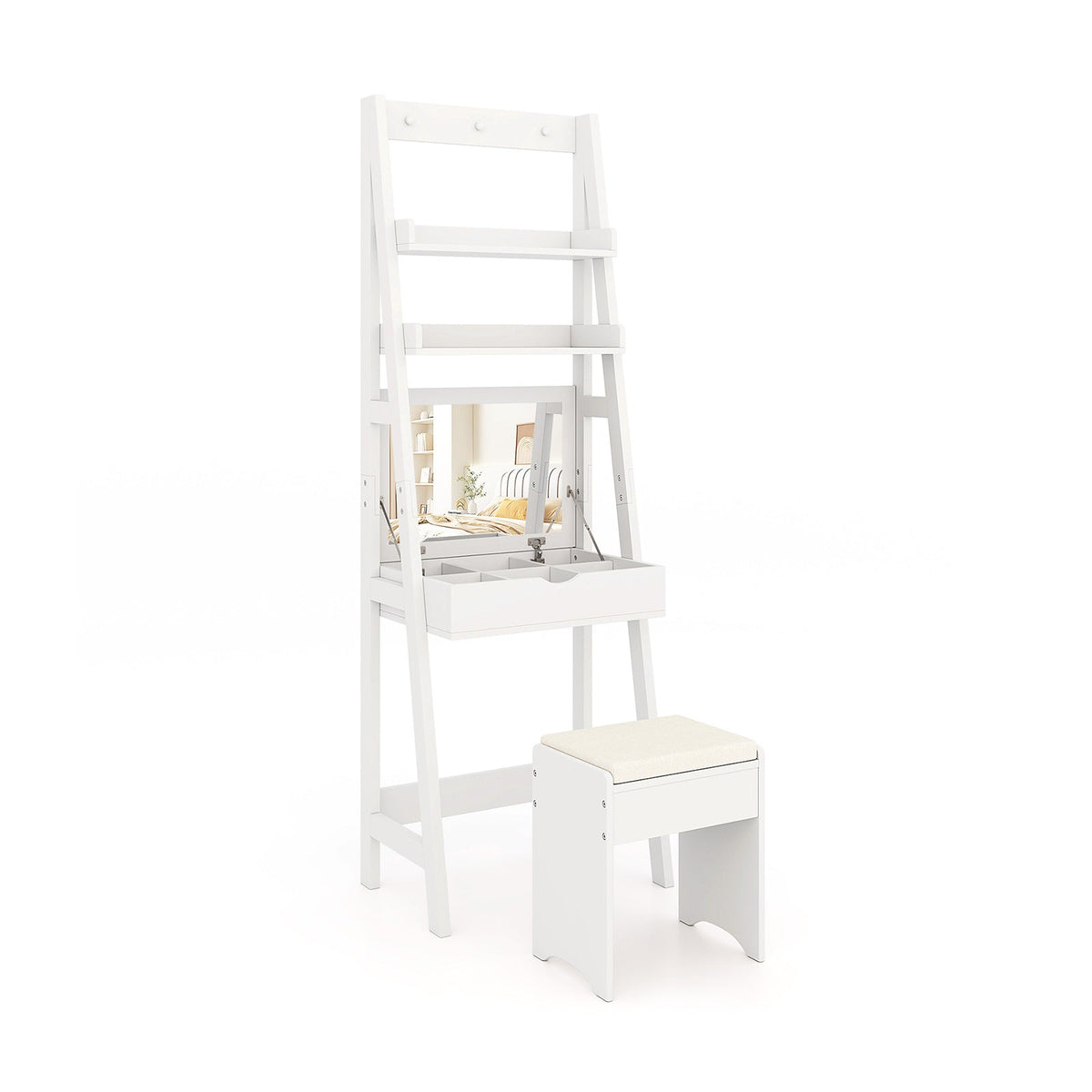 Vanity Desk Set with Flip Top Mirror  Hidden Storage Compartments and Cushioned Stool-White