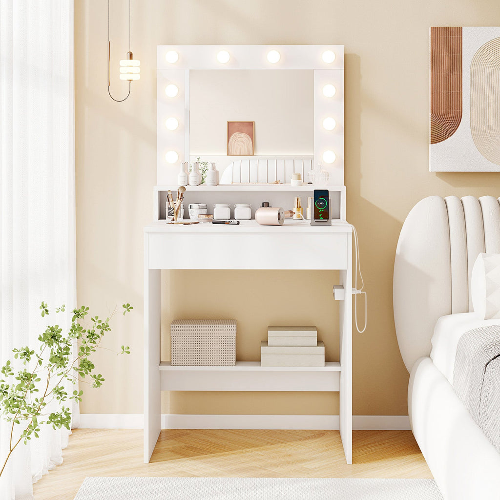 Vanity Desk with Adjustable Brightness and 3 Light Modes for Bedroom-White