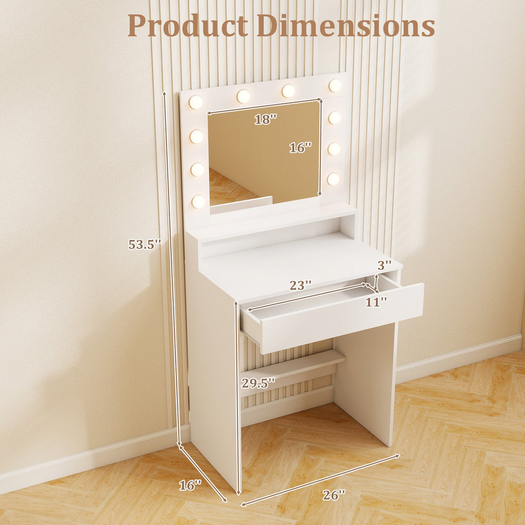 Vanity Desk with Adjustable Brightness and 3 Light Modes for Bedroom-White