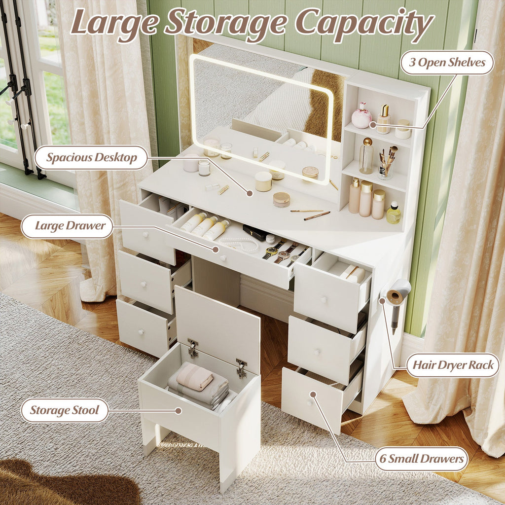 Vanity Desk with Mirror and Lights Makeup Dressing Table Vanity Table and Stool Set-White