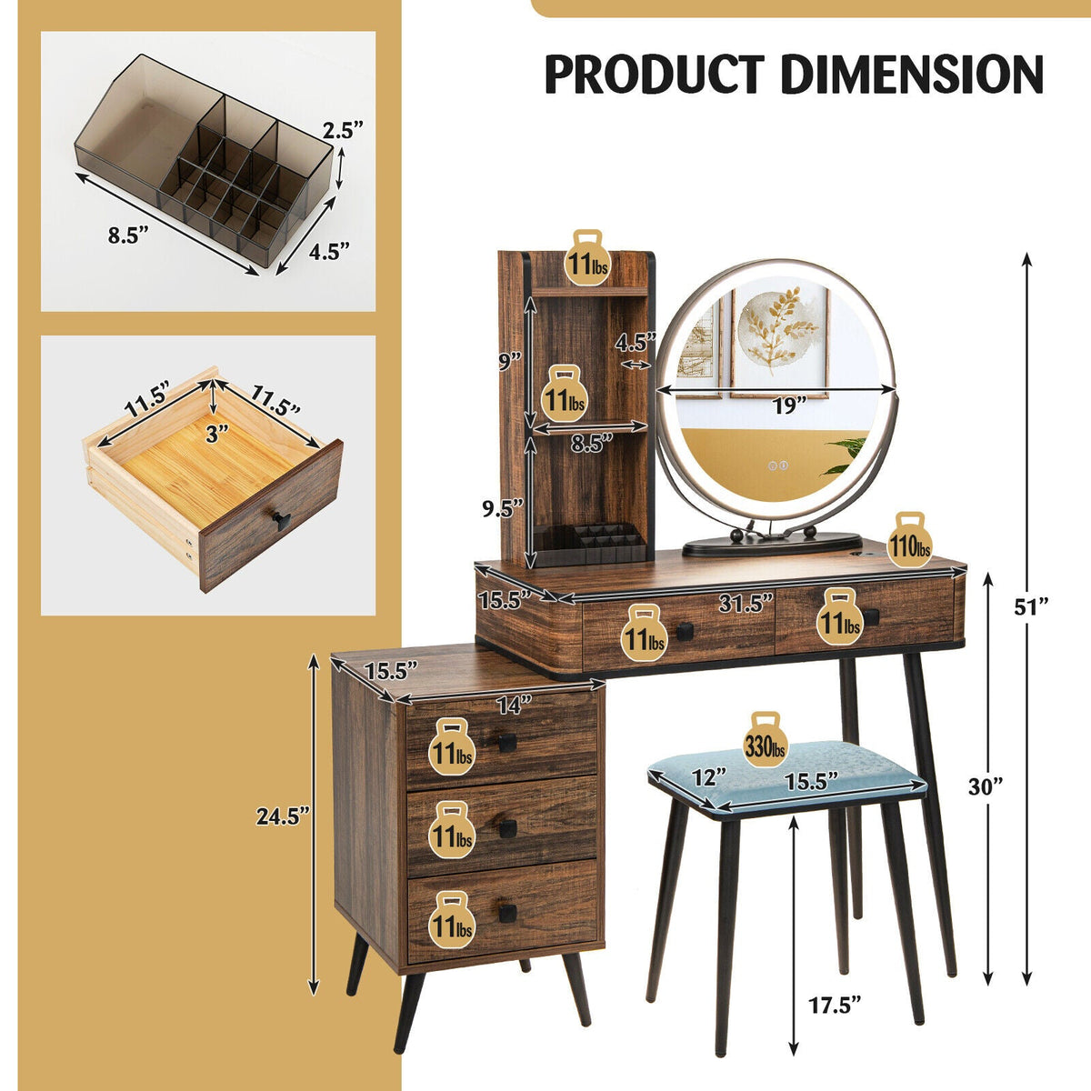 Vanity Table Set with 3-Color Lighted Mirror and Cushioned Stool