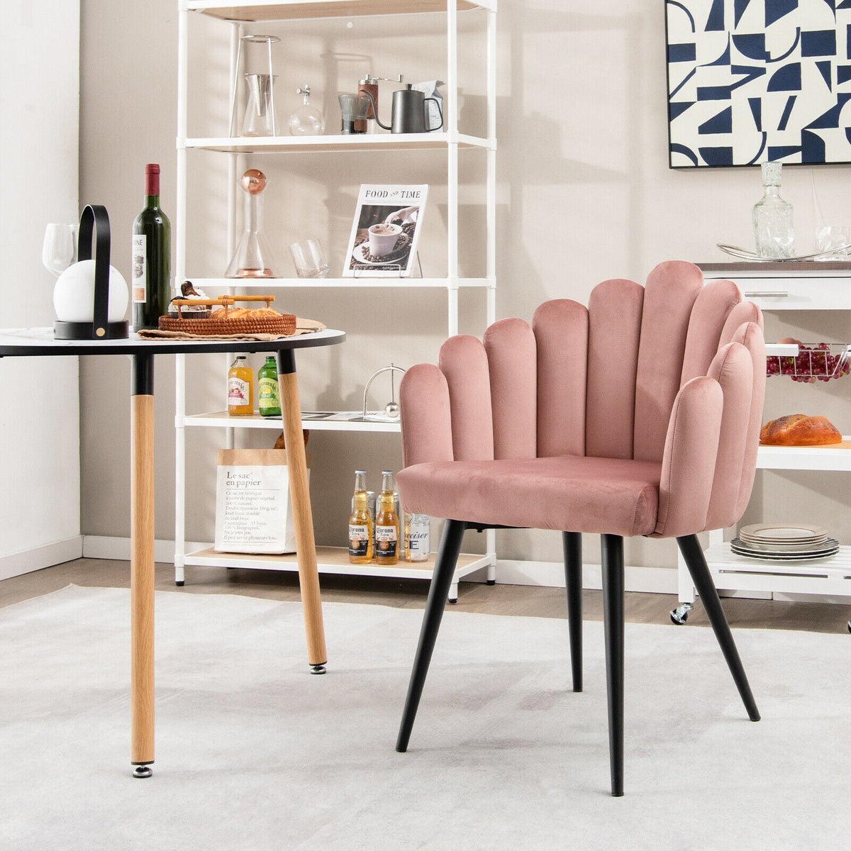 Modern Velvet Dining Chair with Metal Base and Petal Backrest