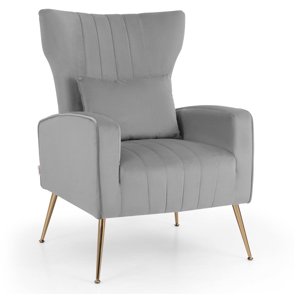 Velvet Upholstered Wingback Chair with Lumbar Pillow and Golden Metal Legs
