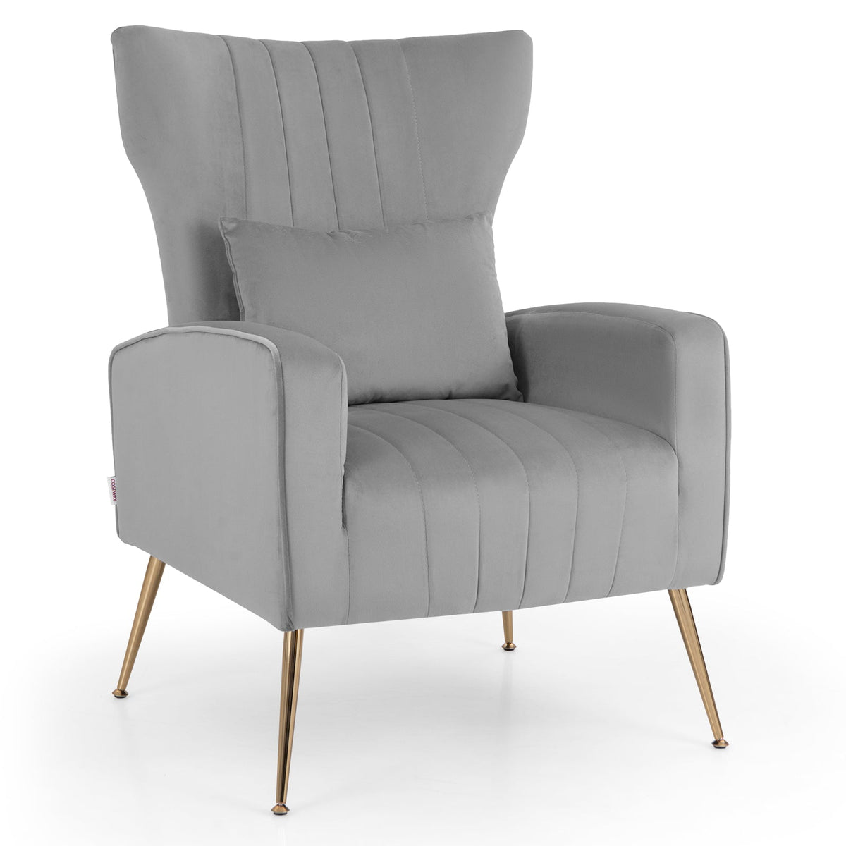 Velvet Upholstered Wingback Chair with Lumbar Pillow and Golden Metal Legs