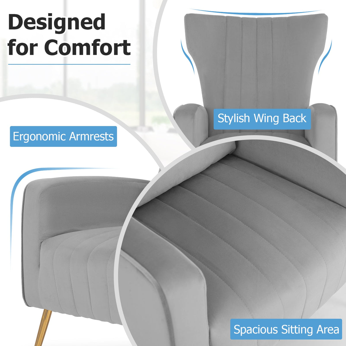 Velvet Upholstered Wingback Chair with Lumbar Pillow and Golden Metal Legs