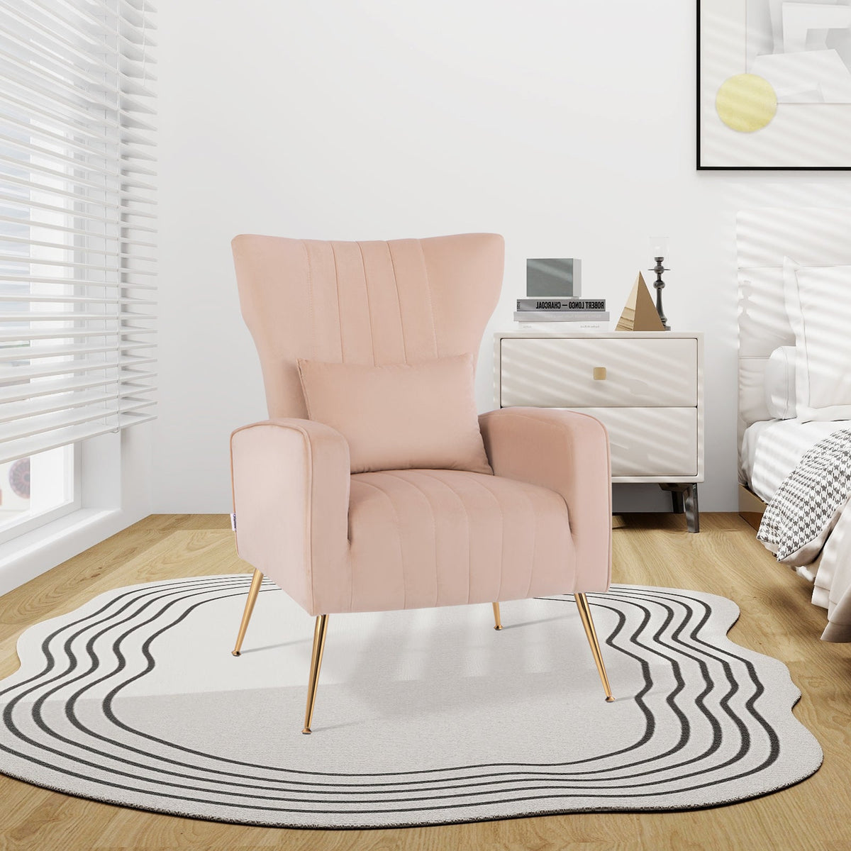 Velvet Upholstered Wingback Chair with Lumbar Pillow and Golden Metal Legs