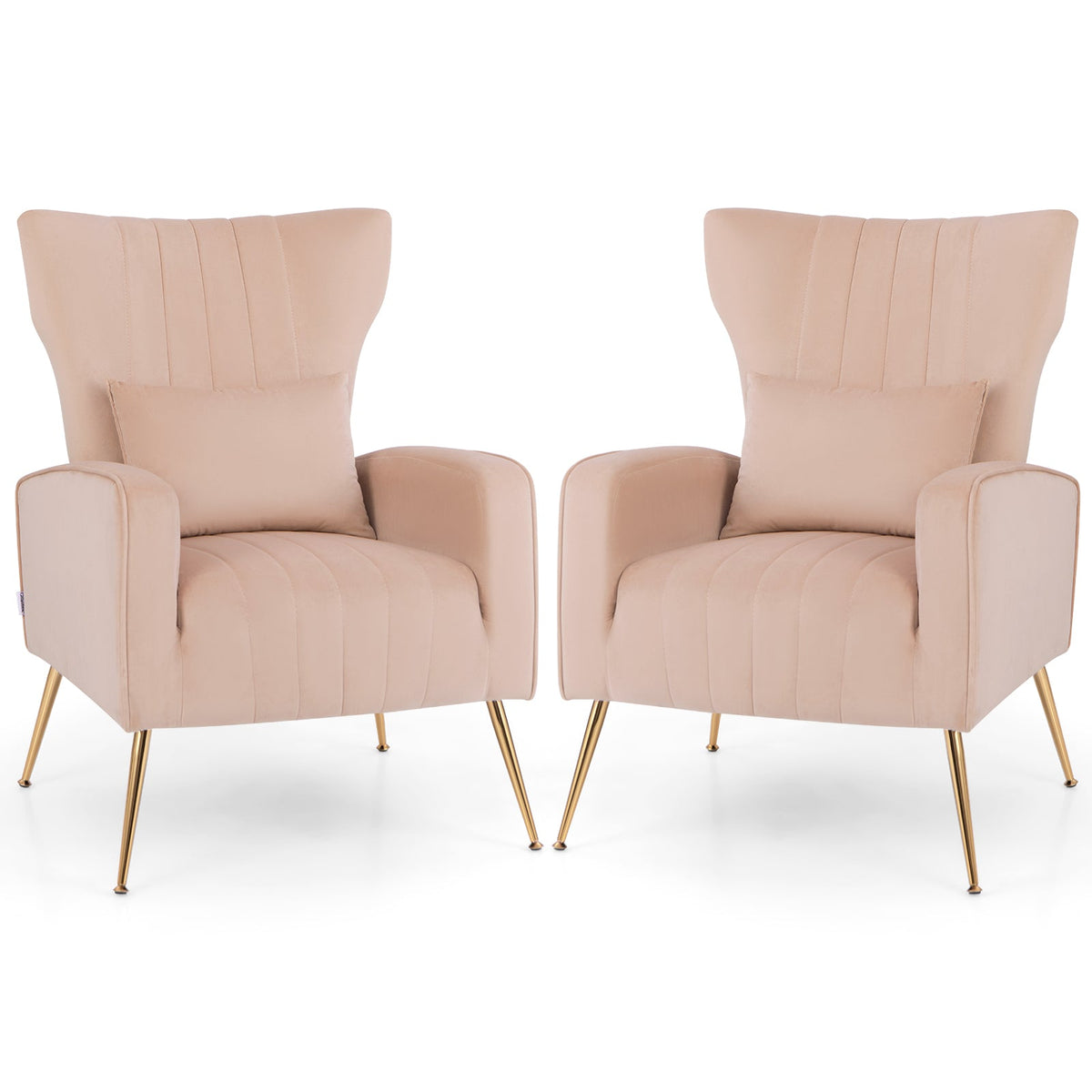Velvet Upholstered Wingback Chair with Lumbar Pillow and Golden Metal Legs