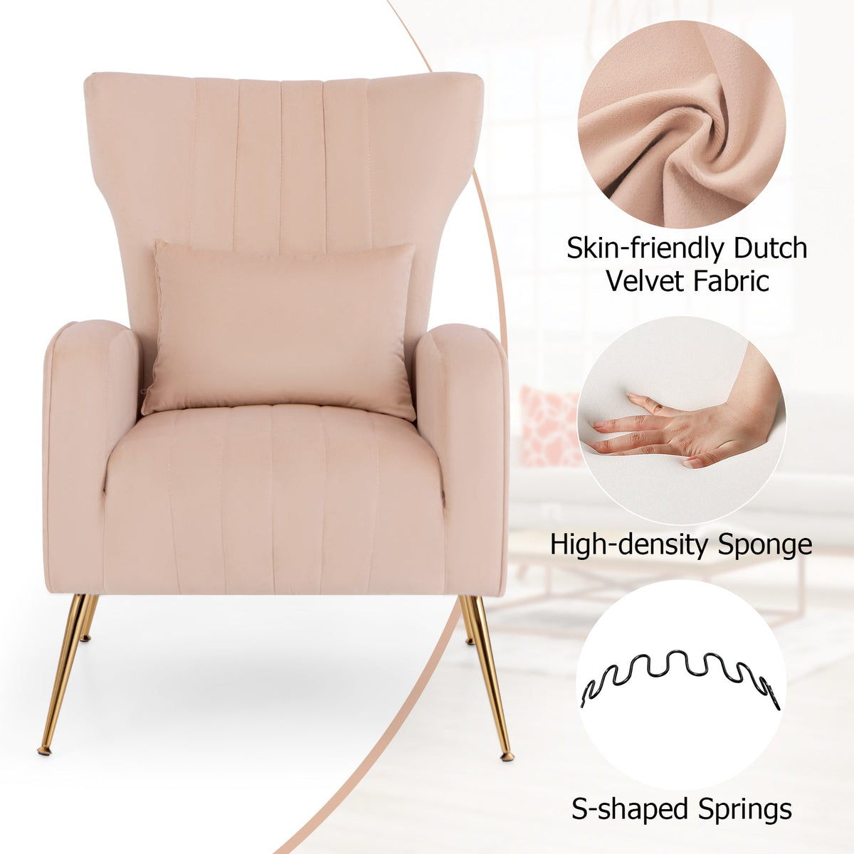 Velvet Upholstered Wingback Chair with Lumbar Pillow and Golden Metal Legs