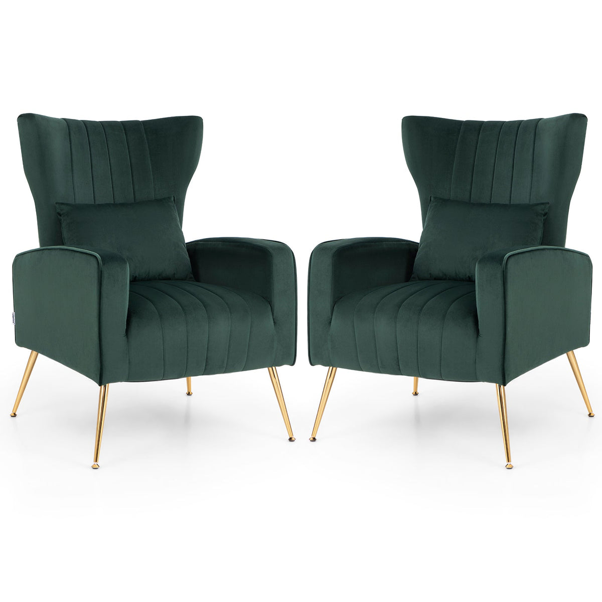 Velvet Upholstered Wingback Chair with Lumbar Pillow and Golden Metal Legs