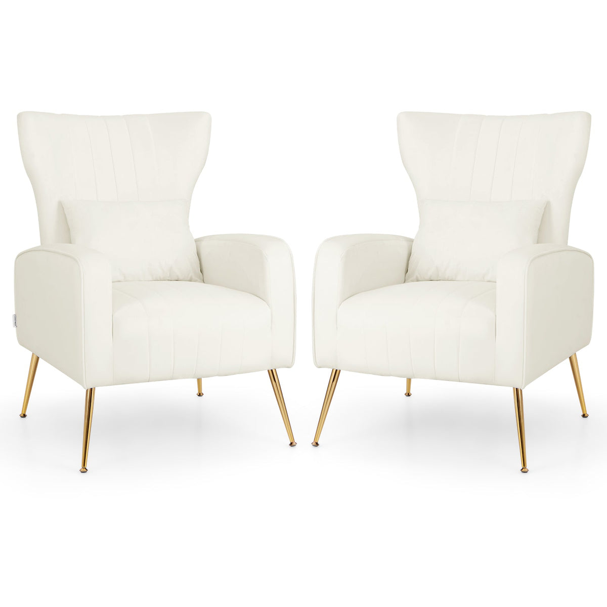 Velvet Upholstered Wingback Chair with Lumbar Pillow and Golden Metal Legs