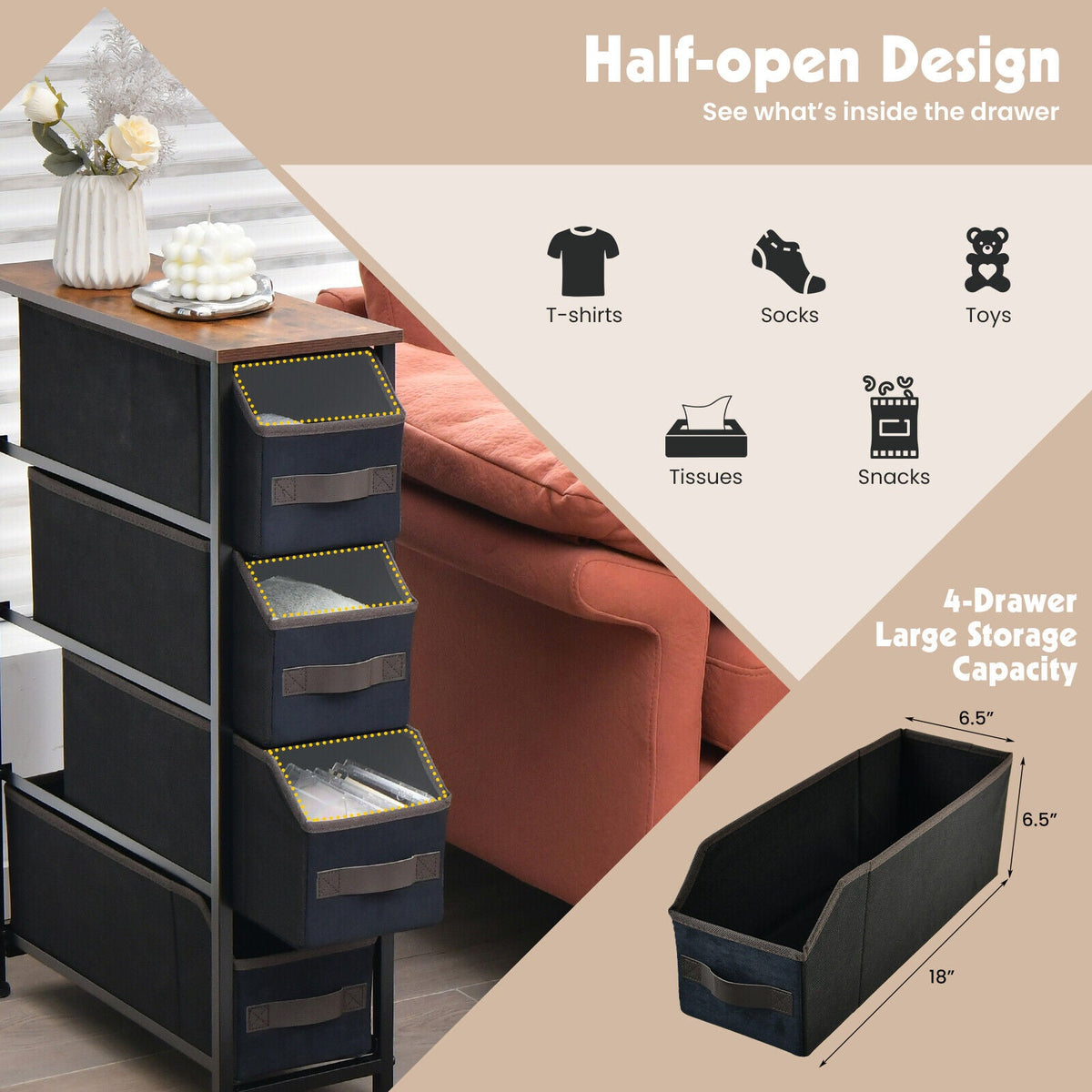 Vertical Narrow Dresser with 4 Removable Fabric Drawers-Rustic Brown