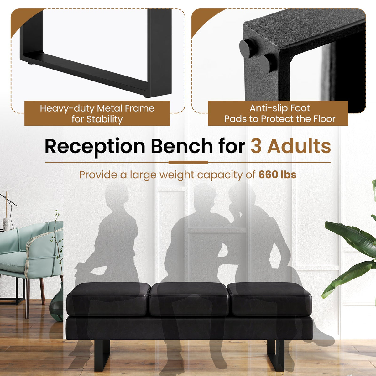Waiting Room Bench Seating Long Bench with Metal Frame Leg