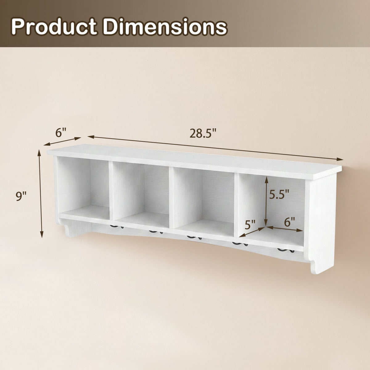 Wall-Mounted Coat Rack with 4 Cubbies and 5 Double Hooks