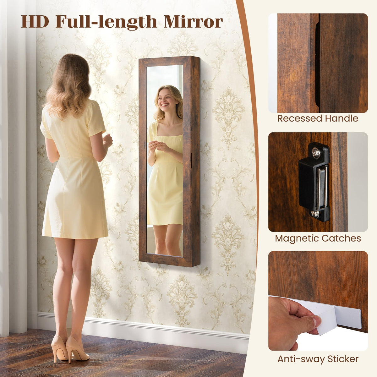 Wall or Door Mounted Jewelry Cabinet with Full-Length Mirror and LED Lights