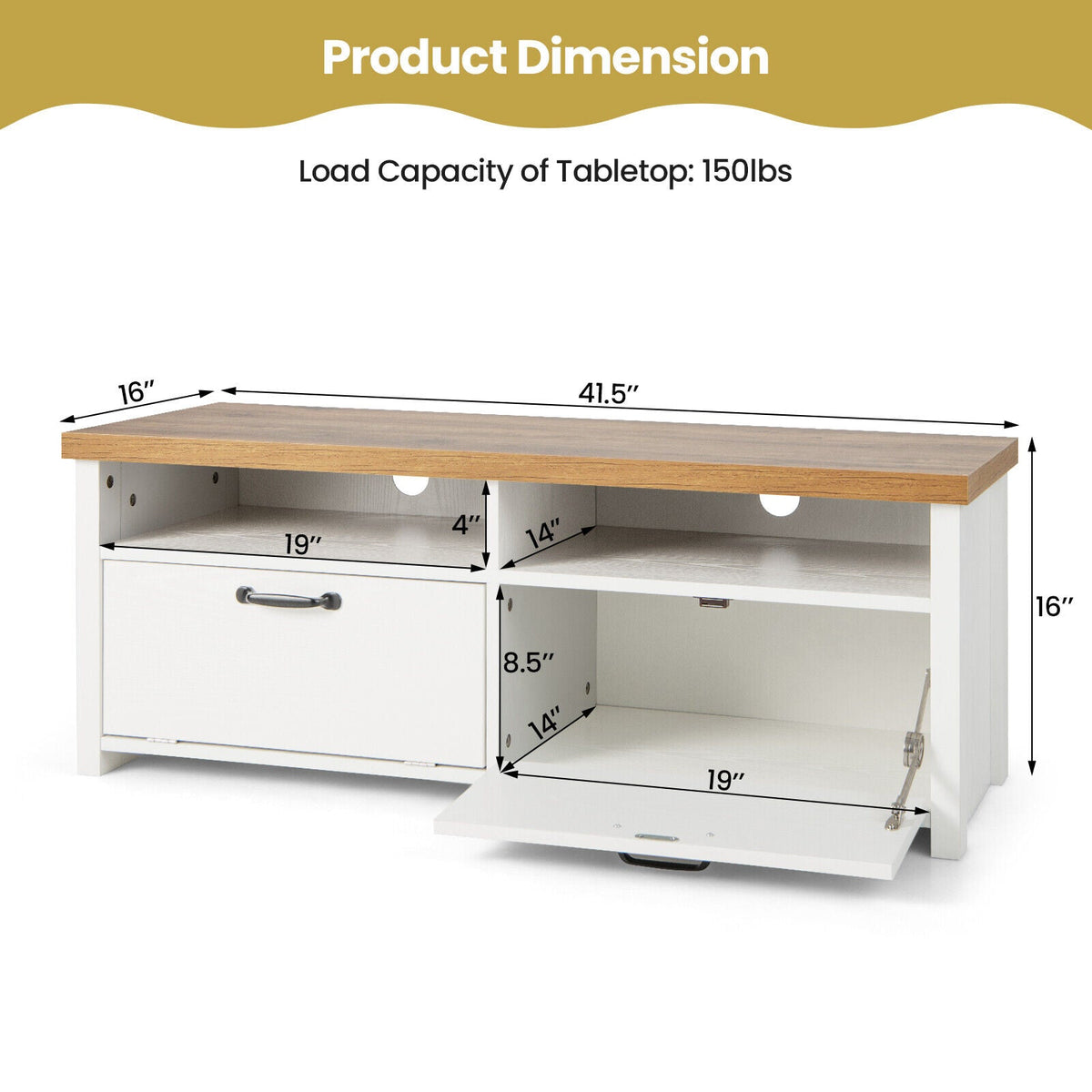 41.5 Inch Modern TV Stand with 2 Cabinets for TVs up to 48 Inch-White