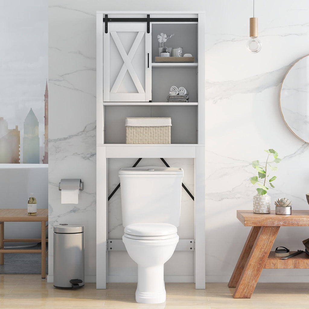 3-Tier Wodden Bathroom Cabinet with Sliding Barn Door and 3-position Adjustable Shelves-White