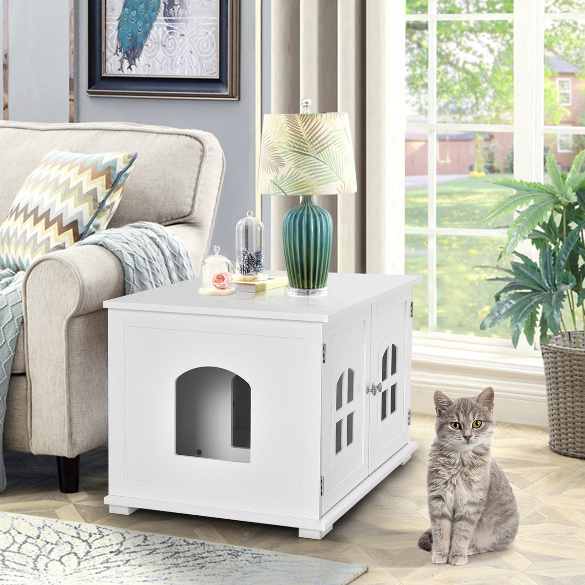 Large Wooden Cat Litter Box Enclosure Hidden Cat Washroom with Divider