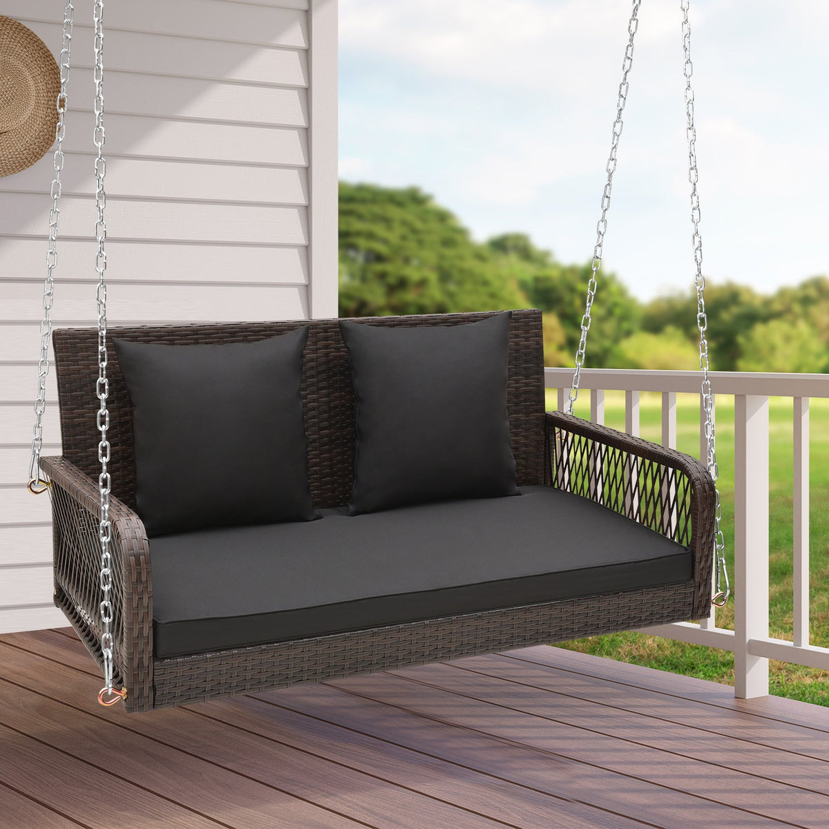 2-Person Outdoor Wicker Porch Swing with Seat and Back Cushions