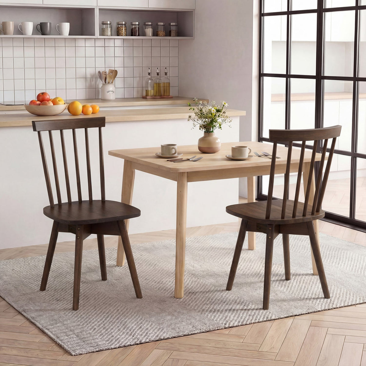 Windsor Dining Chairs Set of 2 Mid Century Rubber Wood Kitchen Chairs with Swivel Seat