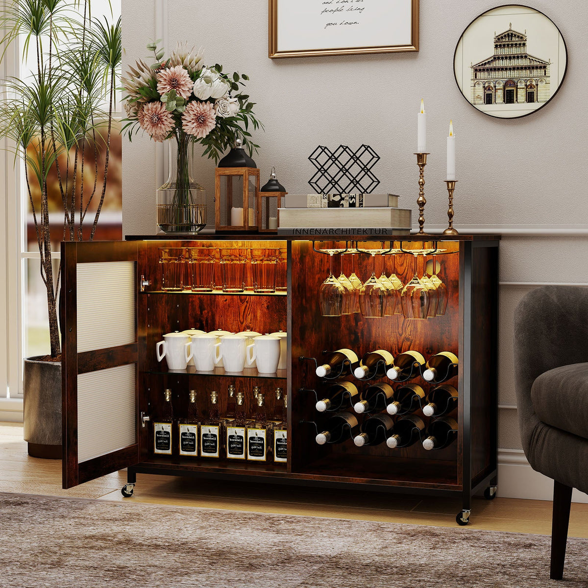 Wine Bar Cabinet with LED Light and Adjustable Shelves-Rustic Brown
