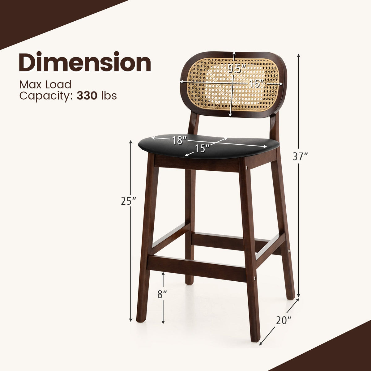 Wood Bar Chairs with PE Rattan Backrest Padded Seat and Footrest-Brown